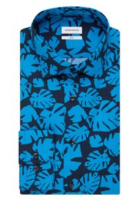 Koszula z krótkim rękawem, z granatowym tłem i dużymi turkusowymi wzorami liści, kołnierzem zapinanym na kołnierzyk oraz czarnymi guzikami na listwie.