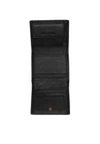 Portafoglio in pelle nero con finitura testurizzata, dotato di scomparti per carte e una piccola chiusura a bottone a pressione, dettaglio con logo in rilievo all'interno.