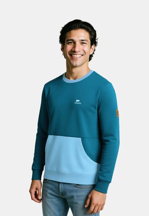 Türkiser und hellblauer Pullover mit Rundhalsausschnitt, ausgestattet mit einer Fronttasche, Logo auf der Brust und einem strukturierten Ärmelbündchen.