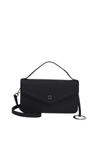 Borsa a tracolla in ecopelle nera con design a pattina, dotata di manico superiore, tracolla removibile e un accessorio circolare sul fronte.