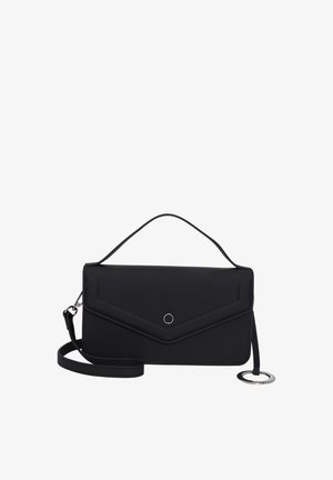 Borsa a tracolla in ecopelle nera con design a pattina, dotata di manico superiore, tracolla removibile e un accessorio circolare sul fronte.