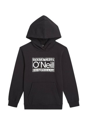 Črna kapa s kapuco z zategovalnim vrvico, sprednjim žepom kenguru in belim grafičnim potiskom z blagovnimi znamkami "Santa Cruz" in "O'Neill".