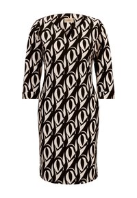 Schwarz-weißen gemustertes Kleid mit geometrischem Design, Dreiviertelärmeln und V-Ausschnitt, gefertigt aus einem glatten Stoff.