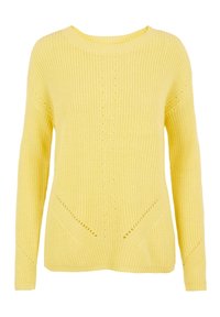 Gul stickad tröja med rund halsringning, långa ärmar och strukturerad stickning med diagonala accenter och små utskärningar.