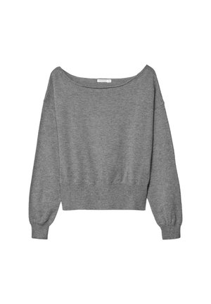 Maglione grigio corto realizzato in tessuto morbido, con un design scollato sulle spalle, maniche lunghe a palloncino e orlo a coste.