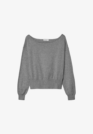 Grijze cropped sweater van zachte stof, met een off-shoulder ontwerp, lange ballonmouwen en een geribbelde zoom.