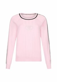 Rosa Pullover aus weichem Material mit rundem Ausschnitt, gerippten Bündchen und schwarzen Seitenstreifen. Verfügt über ein strukturiertes Design mit einem Logopatch.