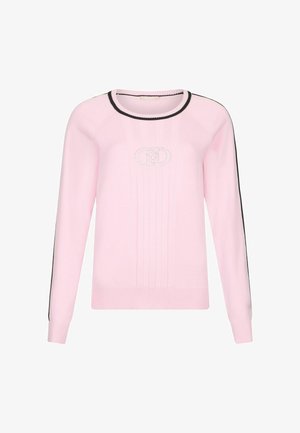 Pull rose en matériau doux avec un col rond, des poignets côtelés et des bandes latérales noires. Présente un design texturé avec un emblème de logo.