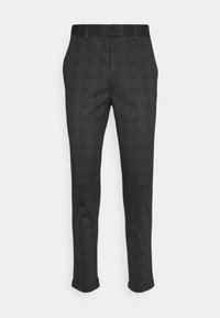Pantalon gris foncé sur mesure avec un motif à carreaux subtil, doté d'une fermeture à boutons et d'un revers roulé. Confectionné dans un tissu texturé.