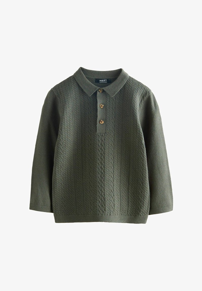 Dunkelgrüner, langärmeliger Strickpullover mit Kragen, drei braunen Knöpfen und einem Kabelstrickmuster auf der Vorderseite.