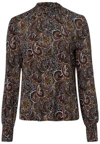 Langärmlige Bluse aus leichtem Stoff mit einem mehrfarbigen Paisley-Muster in Schwarztönen, Braun, Rot und Grün sowie einem gerafften Ausschnitt.