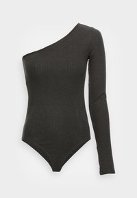Schwarz geripptes Body mit einem Träger und langen Ärmeln; enganliegendes Design; weiche Textur; Druckknopfverschluss am unteren Ende für einfaches Anziehen.