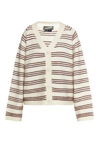 Cardigan crema con righe orizzontali marroni, scollo a v e cinque bottoni. Tessuto morbido con polsini e orlo a costine. Design casual corto.