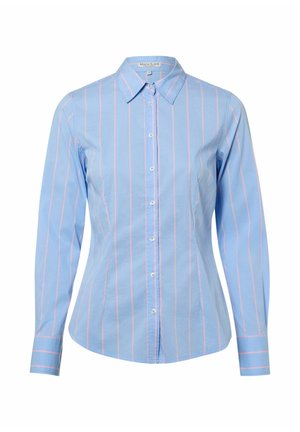 Hellblaues Langarmhemd mit dünnen, vertikalen rosa Streifen und spitzem Kragen, taillierte Passform und Knopfmanschetten.