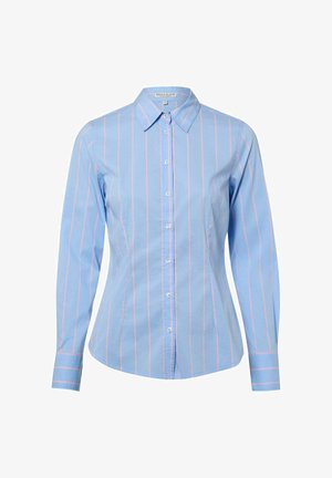 Hellblaues Langarmhemd mit dünnen, vertikalen rosa Streifen und spitzem Kragen, taillierte Passform und Knopfmanschetten.