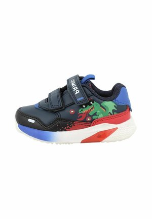 Sneaker con tomaia sintetica nera, accenti blu e tallone rosso. Presenta una grafica di un dinosauro verde e due strap in Velcro regolabili. Suola bianca.