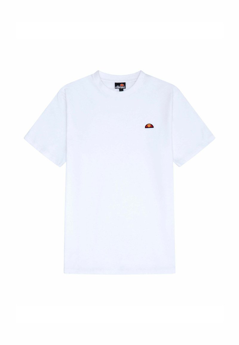 Biała bawełniana koszulka z krótkim rękawem, z małym, kolorowym logo na lewej piersi. Standardowy okrągły dekolt.