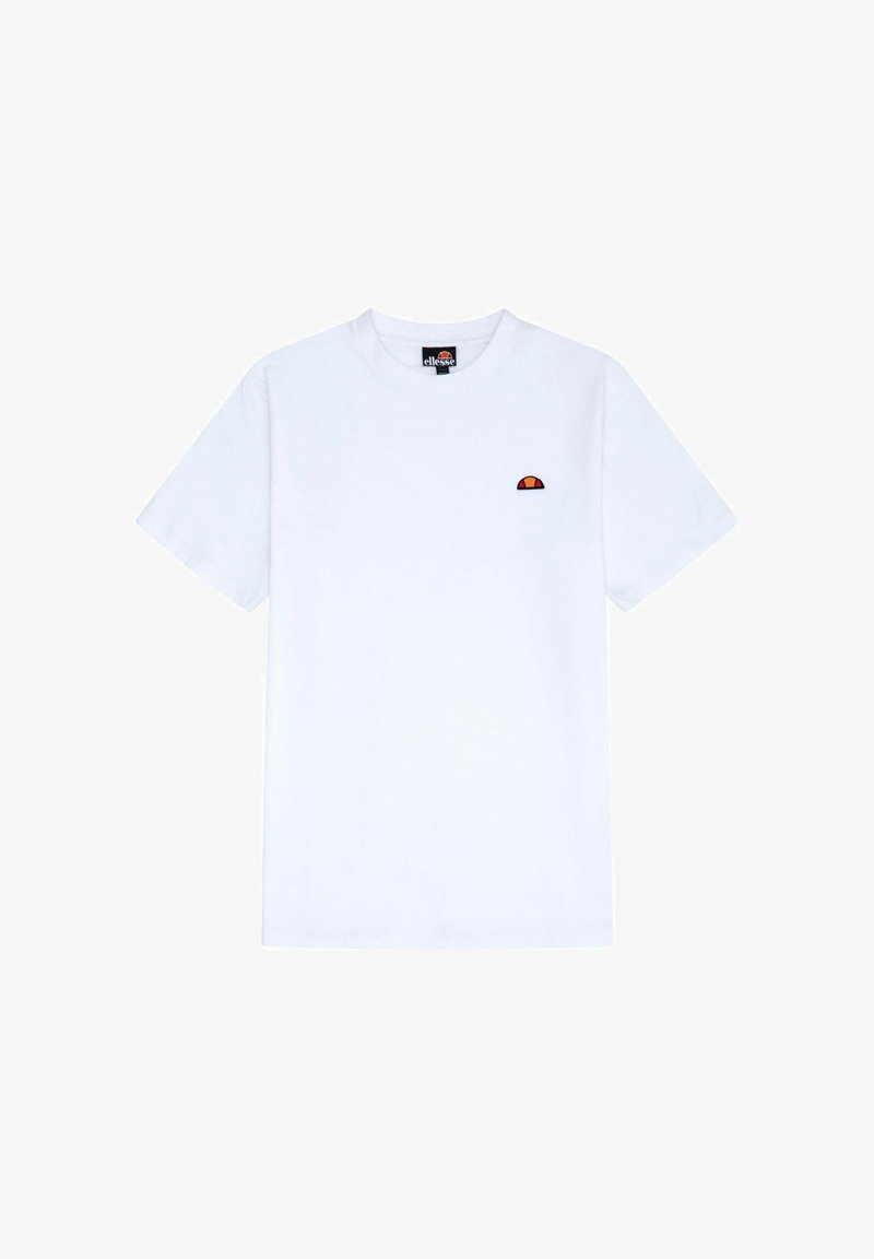 Biała bawełniana koszulka z krótkim rękawem, z małym, kolorowym logo na lewej piersi. Standardowy okrągły dekolt.