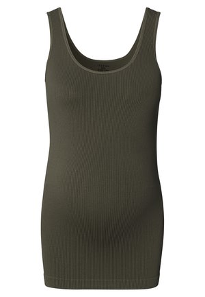 Olijfgroen geribbeld tanktop met een ronde halslijn, met een aansluitende vorm en een zachte textuur. Geen zichtbare hardware of accenten.