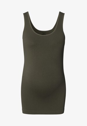 Débardeur côtelé vert olive avec un col rond, présentant une coupe ajustée et une texture douce. Pas de matériel ou de accents visibles.