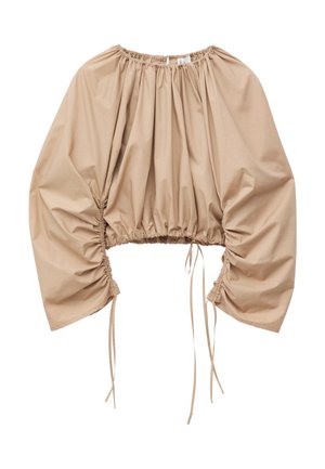 Beżowa krótka bluzka z szerokimi, marszczonymi długimi rękawami oraz elastycznym dekoltem i dolnym brzegiem, wyposażona w regulowane sznureczki do ściągania.