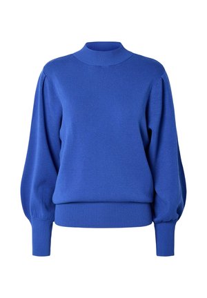 Blauw gebreid sweatshirt met een hoge hals, volle mouwen en geribde manchetten en zoom. Soepele textuur, eenvoudig ontwerp zonder patronen of logo's.