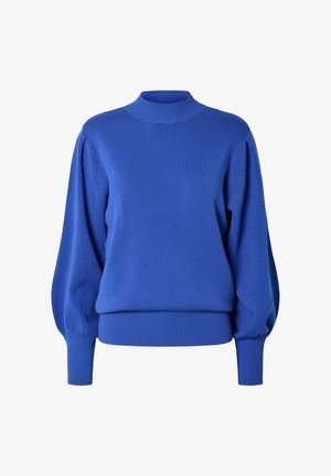 Blauw gebreid sweatshirt met een hoge hals, volle mouwen en geribde manchetten en zoom. Soepele textuur, eenvoudig ontwerp zonder patronen of logo's.