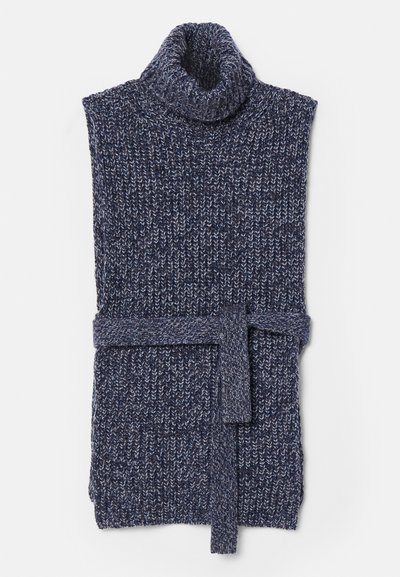 Trikotāžas augstās apkakles veste tumši zilā krāsā ar biezām tekstūrām. Ar jostu viduklī un ribu rakstu. Atvērtas piedurknes un mājīga izskata.