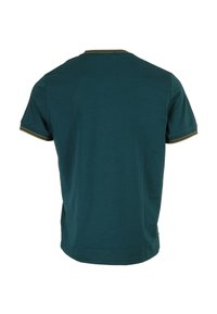 T-shirt di cotone turchese con scollatura rotonda, maniche corte e rifiniture in giallo oro a contrasto sul colletto e sulle maniche.