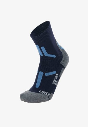 Marineblauwe en grijze korte sokken met lichtblauwe accenten, met een geribbelde textuur, versterkte hiel en teen, en logo-details aan de zijkant.