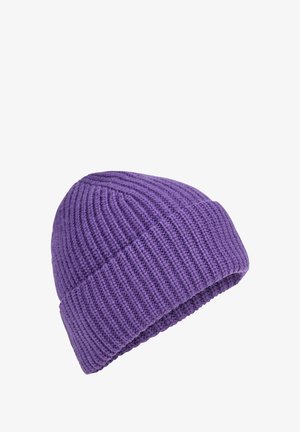 Purple knitted beanie with a folded brim, showcasing ribbed texture and soft yarn material.