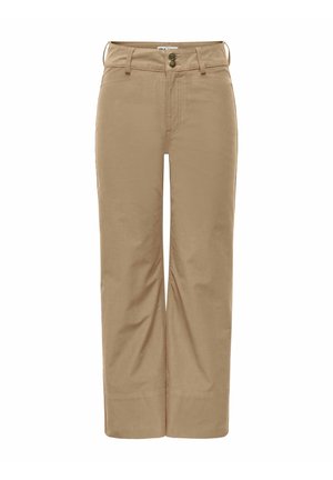 Beżowe spodnie o prostych nogawkach z wysokim stanem, z szlufkami na pasek, dwoma guzikami z przodu i zapięciem na zamek.