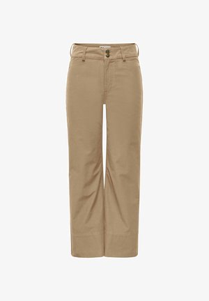 Pantalons beige à jambe droite et taille haute avec passants de ceinture, deux boutons à l'avant et une fermeture éclair à l'avant.