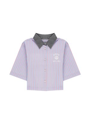 Camicia a maniche corte con colletto, a righe verticali blu e rosa, colletto grigio scuro, bottoni bianchi e logo MSGM Milano bianco sul petto.