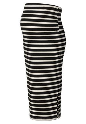 Jupe crayon à rayures noires et blanches avec un design ajusté, texture côtelée et fente sur le côté pour un confort de mouvement.