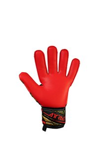 Guanto da portiere rosso con palmo liscio e testurizzato e cinturino elastico per il polso con dettagli neri e dorati. Design delle dita flessibile.