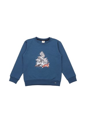 Blauer Sweatshirt aus weichem Stoff; mit einem Frontdruck eines schneebedeckten Baumes und eines Fuchses; Rundhalsausschnitt und gerippte Bündchen.