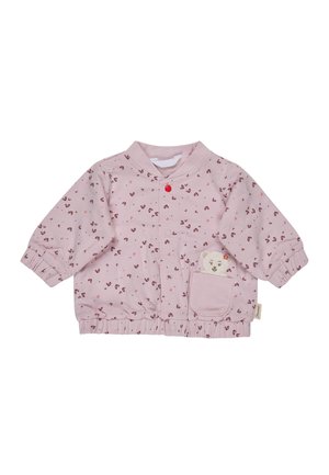 Hellrosa Babyjacke mit kleinen dunkelrosa Blattmustern, Druckknöpfen vorne, elastischen Bündchen und einer Tasche mit einem Teddybär-Gesicht-Patch.
