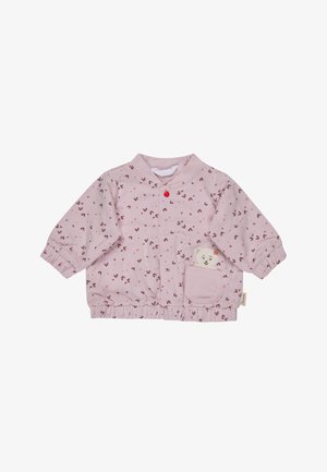 Hellrosa Babyjacke mit kleinen dunkelrosa Blattmustern, Druckknöpfen vorne, elastischen Bündchen und einer Tasche mit einem Teddybär-Gesicht-Patch.