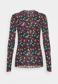 Schwarzes Langarmoberteil mit einem bunten Blumenmuster, das rote, blaue, gelbe, weiße und rosa Blumen zeigt, und einem leicht durchsichtigen Stoff.