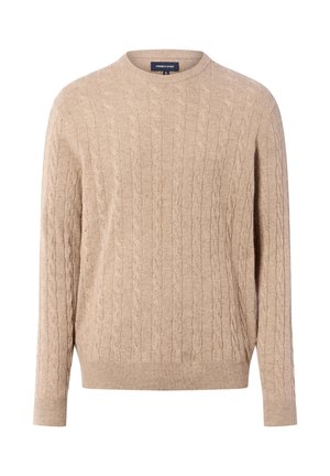 Beiger Pullover mit Zopfmuster, Rundhalsausschnitt, langen Ärmeln und gerippten Bündchen und Saum, mit Andrew James Etikett im Krageninneren.