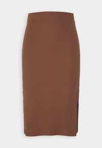Jupe crayon marron côtelée longueur genou avec une petite fente latérale, taille cintrée et ourlet droit.