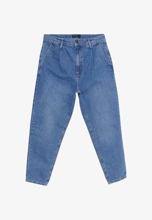 Jeans blu a vita alta a gamba affusolata con cerniera e chiusura con bottone davanti, passanti per cintura e due tasche laterali.