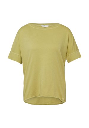 T-shirt vert clair à manches courtes, coupe ample, col rond et ourlet arrière légèrement plus long, étiquette au niveau de l'encolure.