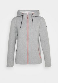 Sweat-shirt à capuche gris avec des manches longues, fermeture éclair à l'avant, accents roses, cordons de serrage noirs et poches latérales. Tissu doux et design décontracté.