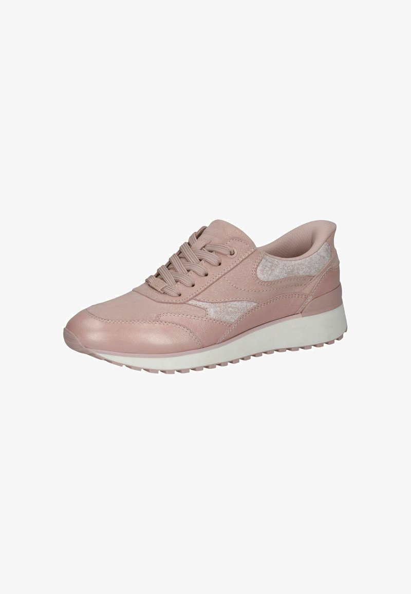 Baskets en cuir rose avec une tige texturée, fermeture à lacets et semelle en caoutchouc blanche. Présentent un éclat subtil et des accents de panneaux contrastants.