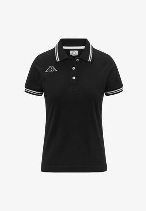Polo shirt nero in cotone, con colletto, patta con tre bottoni e strisce bianche sul colletto e sulle maniche. Logo Kappa sul petto.