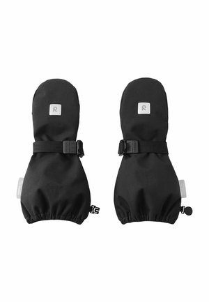 Moufles noires en tissu imperméable, avec des poignets élastiques, des sangles ajustables et un patch logo à l'avant. Texture lisse, forme ergonomique.