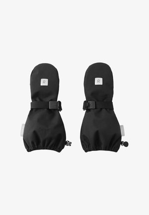 Czarne rękawiczki z wodoodporną tkaniną, elastycznymi mankietami, regulowanymi paskami i naszywką z logo z przodu. Gładka tekstura, ergonomiczny kształt.