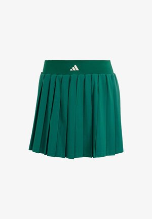 Zelená plisovaná sukně vyrobená z syntetického materiálu, s širokým pásem a bílým logem na přední straně.